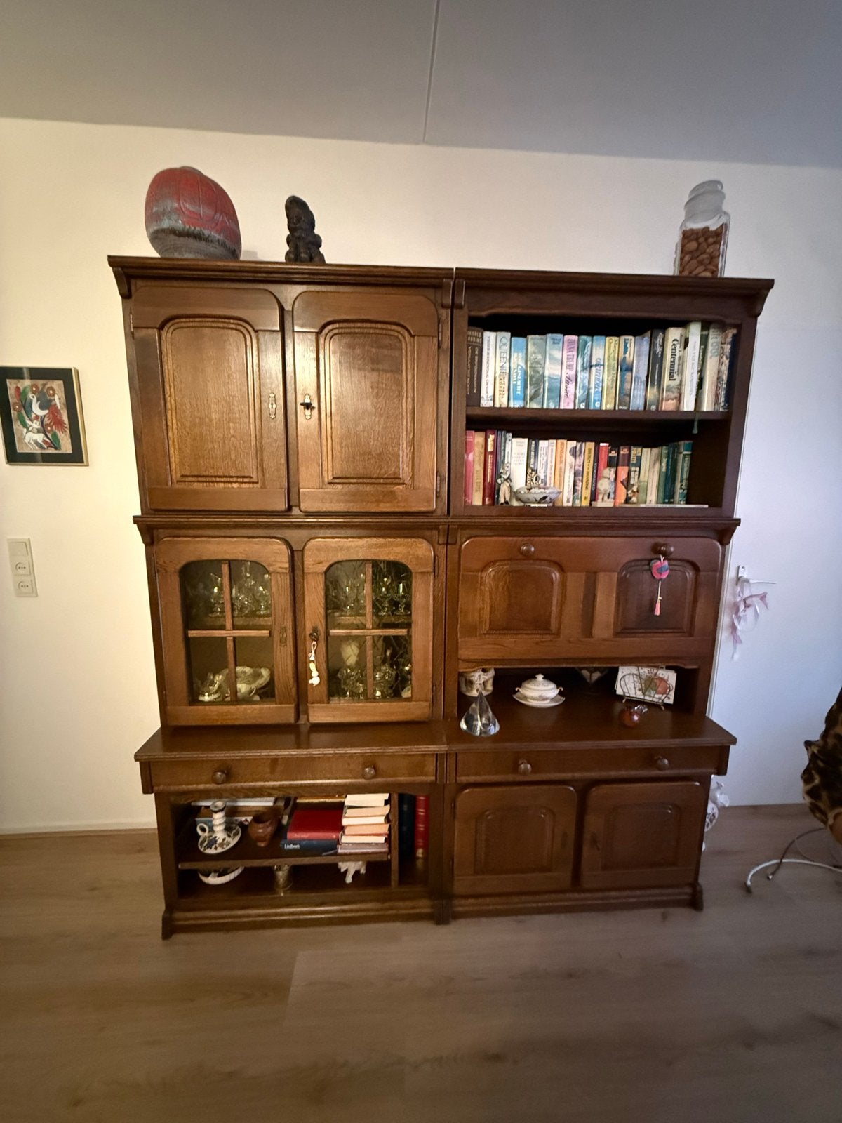 Massief eikenhouten boekenkast/dressoir met vitrine, Ophalen, Gebruikt, 200 cm of meer, 150 tot 200 cm