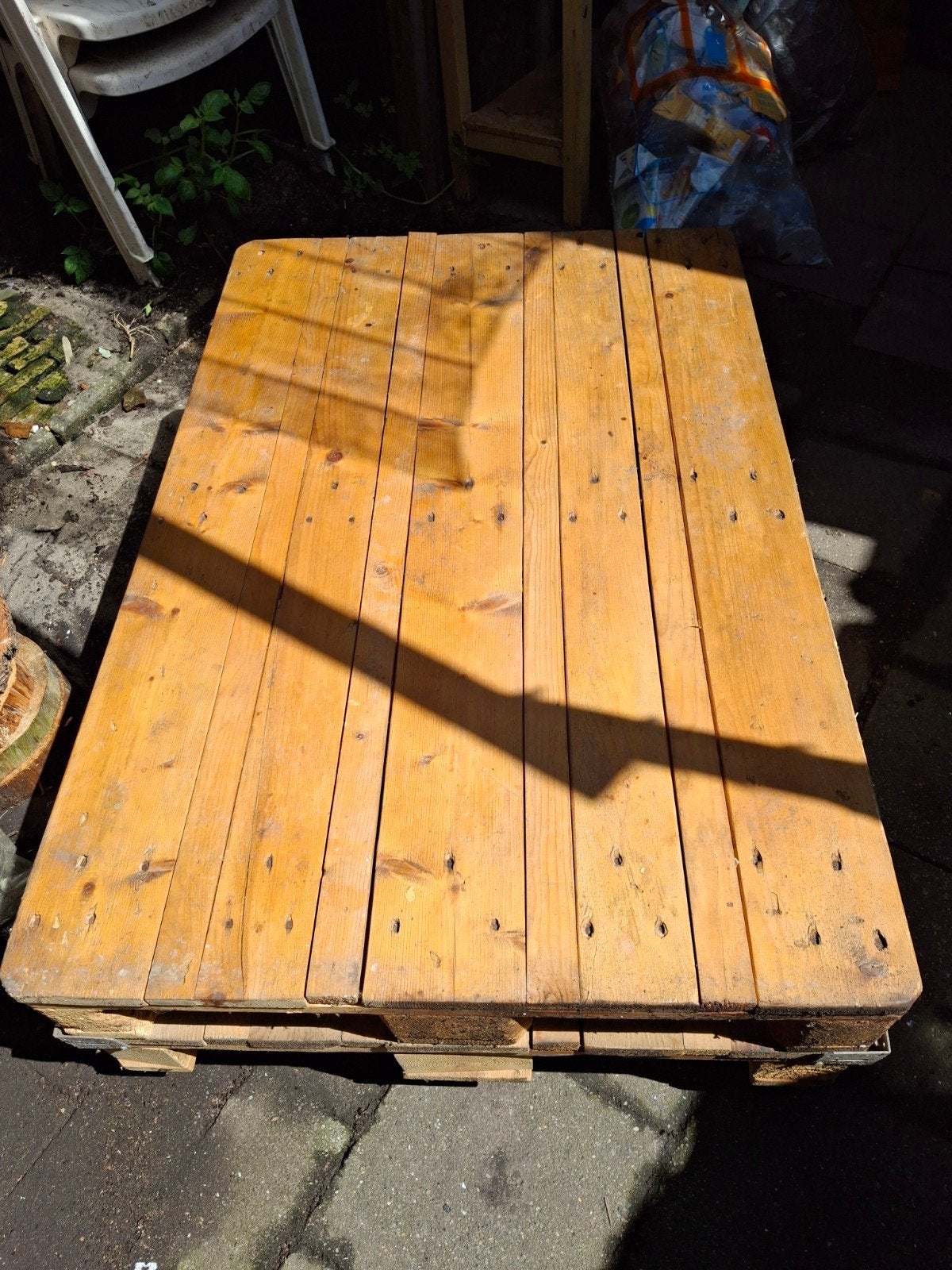 Stevige pallet salontafel op wielen, Ophalen, Gebruikt, 100 tot 150 cm, Industrieel, Landelijk