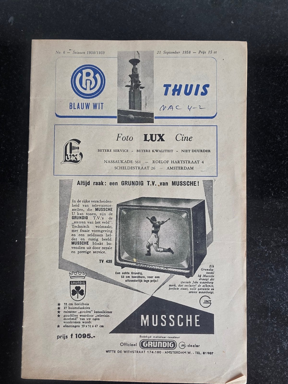 Voetbalprogramma Blauw Wit - NAC (1958), Verzamelen, Ophalen of Verzenden, 1940 tot 1960, Nederland, Tijdschrift