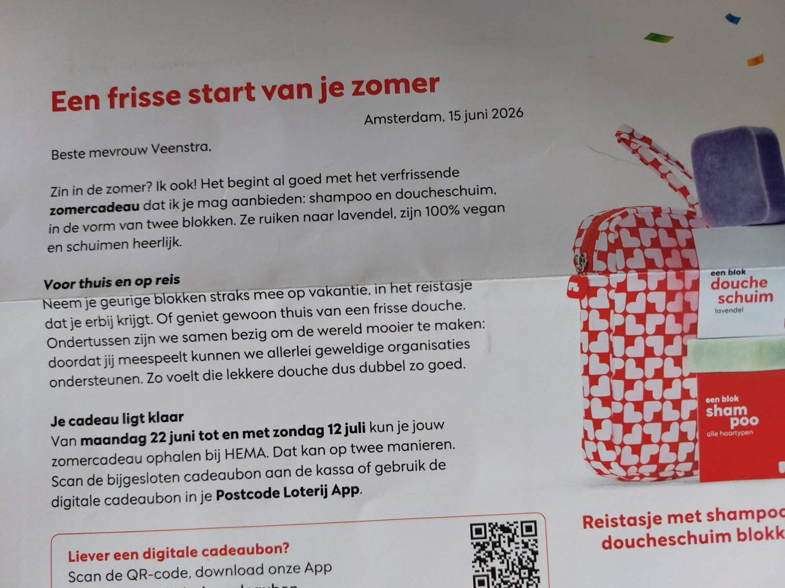 Gezocht: Postcodeloterij bon voor zomerkado HEMA, Eén persoon, Kortingsbon