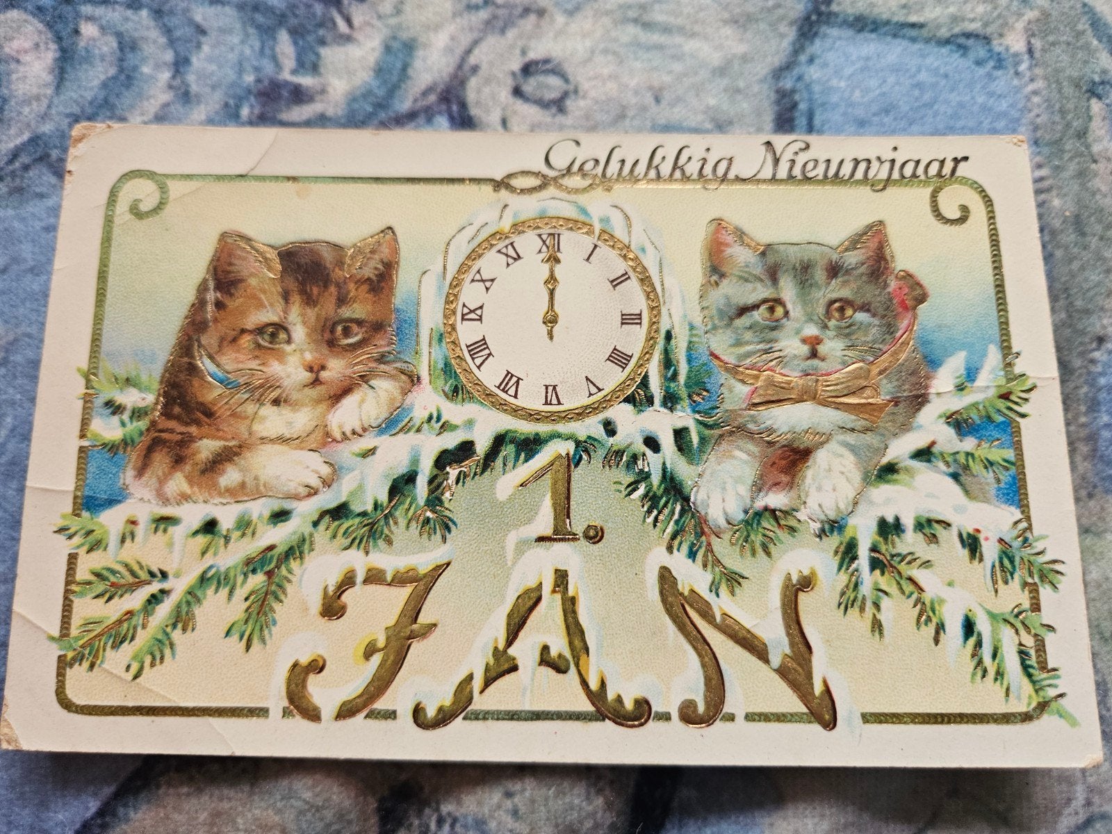 Antieke Nieuwjaarskaart met Katjes en Klok, Verzamelen, Ophalen of Verzenden