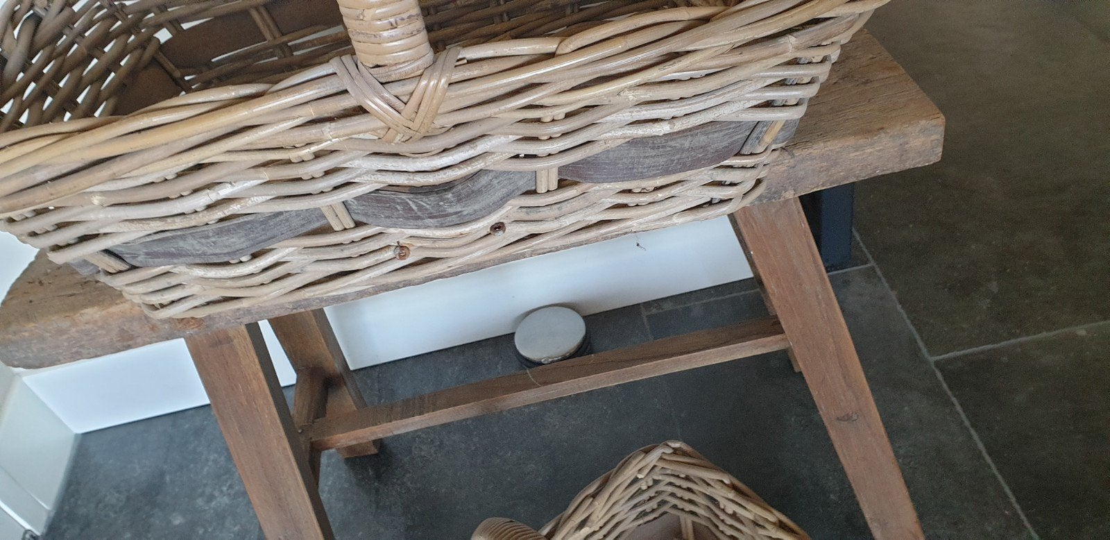Hoffz rotan mandenset, met lederen banden, Ophalen of Verzenden, Nieuw, Rond, Riet