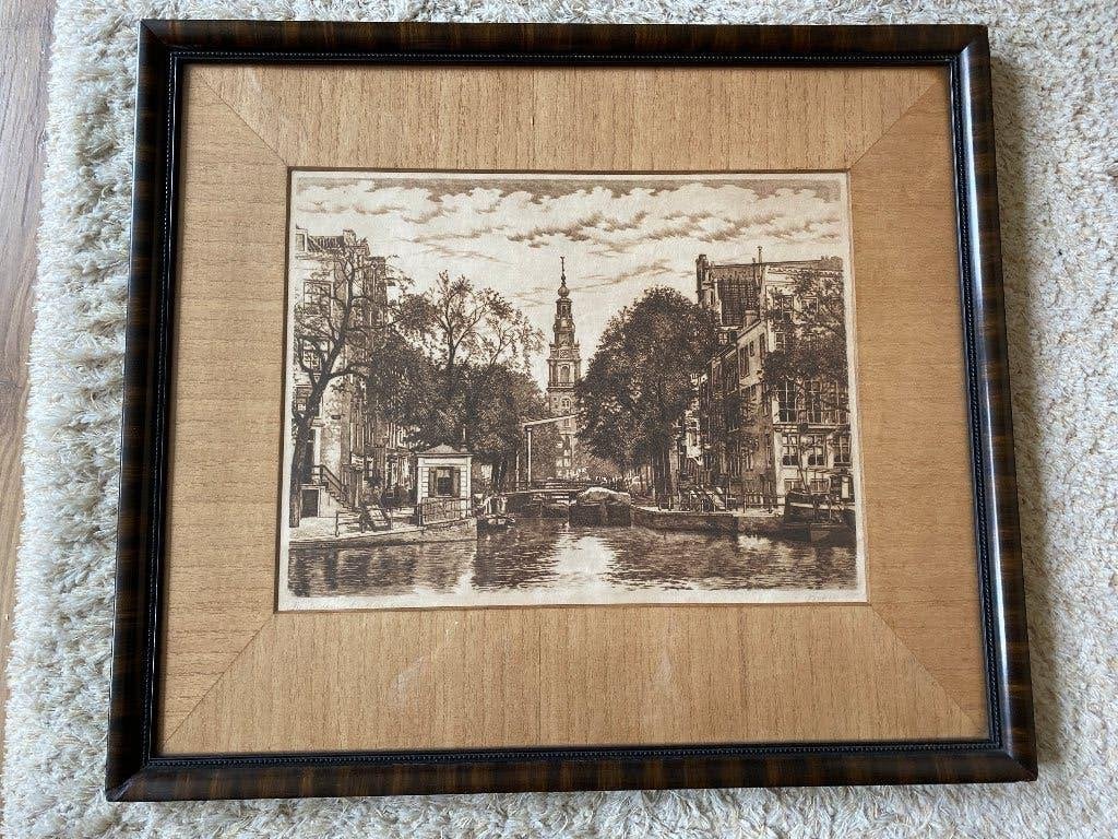 Ets Amsterdam, 1913, Antiek en Kunst, Gesigneerd, Ets, Stadsgezicht, 54 cm