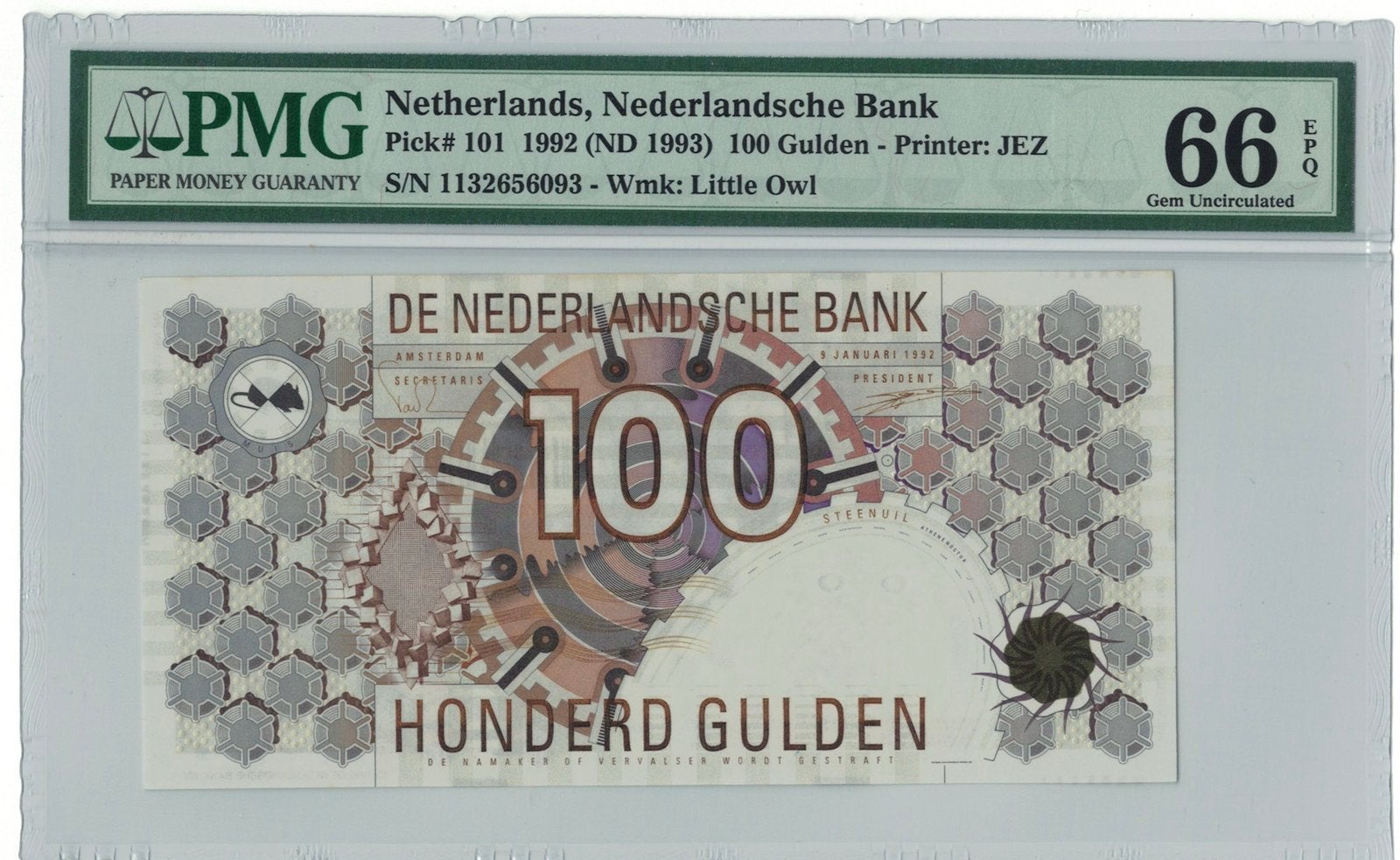 PMG 66 EPQ 100 Gulden Uil 1992/1993, Ophalen of Verzenden, 100 gulden