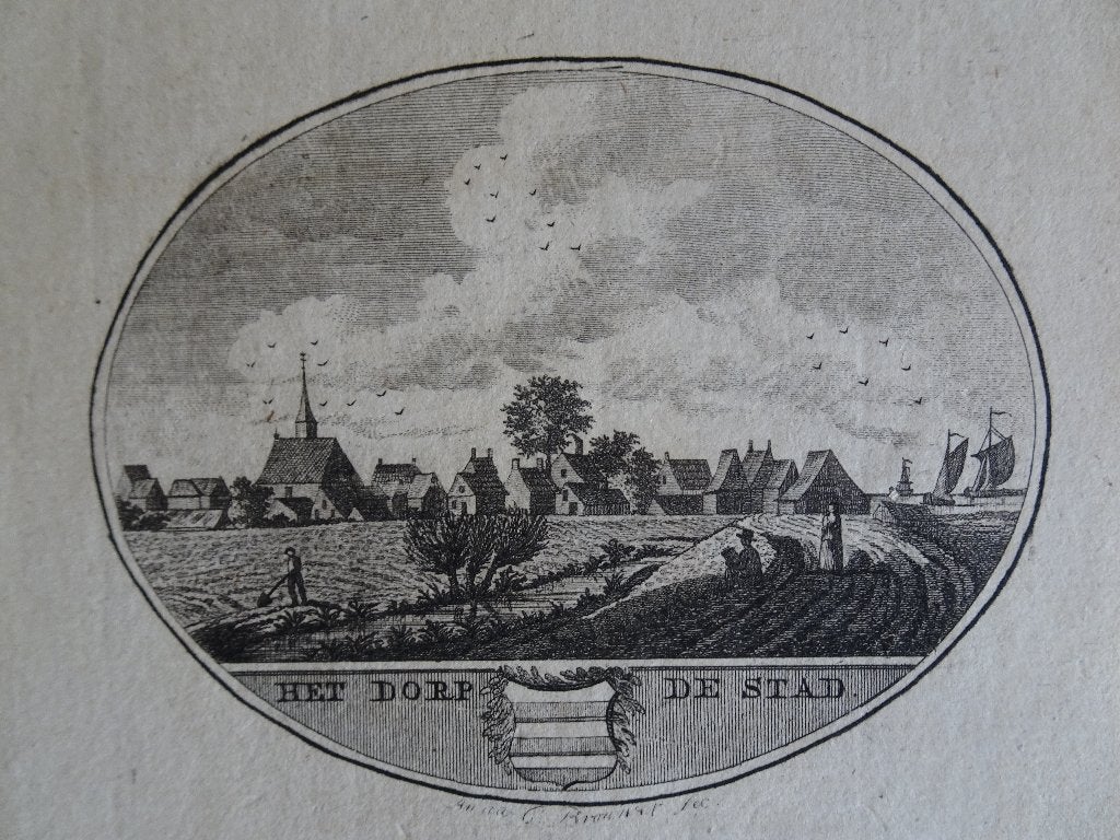 Originele gravure De stad aan het Haringvliet, 1793 Brouwer, Verzenden, Stadsgezicht, Gravure, Origineel