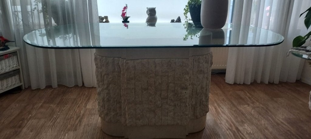 Eettafel met glasplaat en Grieks/Romeinse zuilvoet, Huis en Inrichting, Ophalen, 100 tot 150 cm, 200 cm of meer, Vijf personen of meer