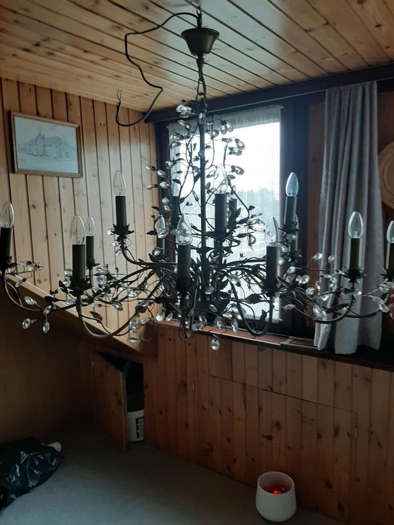 Vintage Kroonluchter met Kristallen en Bladmotief, Ophalen of Verzenden, Gebruikt, Glas, Vintage, Klassiek, Romantisch