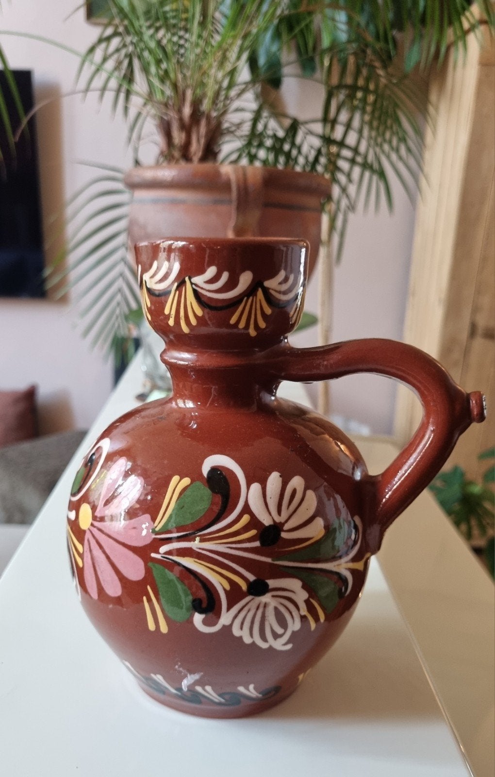 Vintage Aardewerken Kruik met Handgeschilderde Bloemen, Ophalen of Verzenden