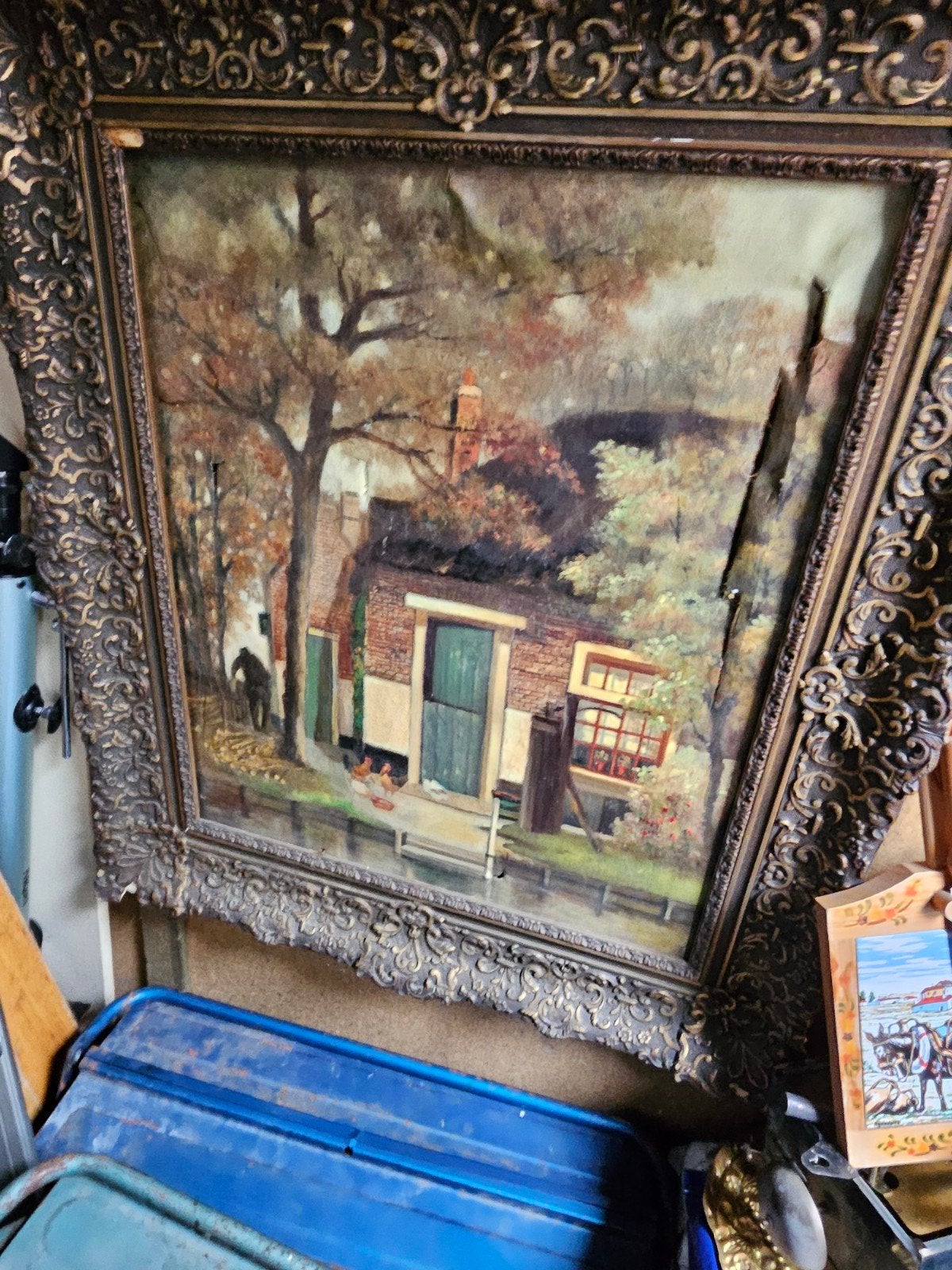 Oud schilderij met dorpsgezicht en water, Ophalen of Verzenden