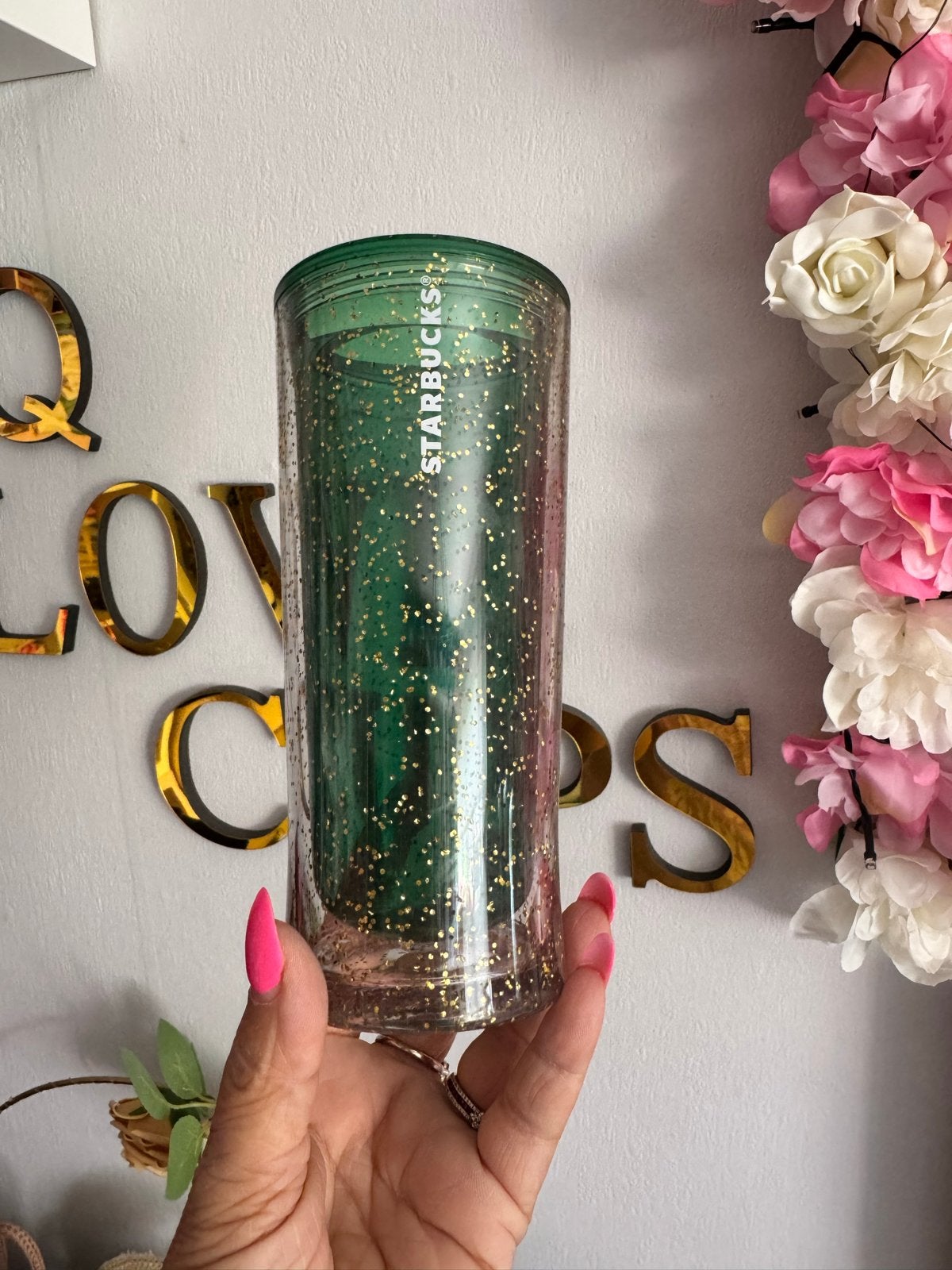 Starbucks drinkbeker met glitters - Groen/Roze, Overige typen, Kunststof, Nieuw, Ophalen of Verzenden