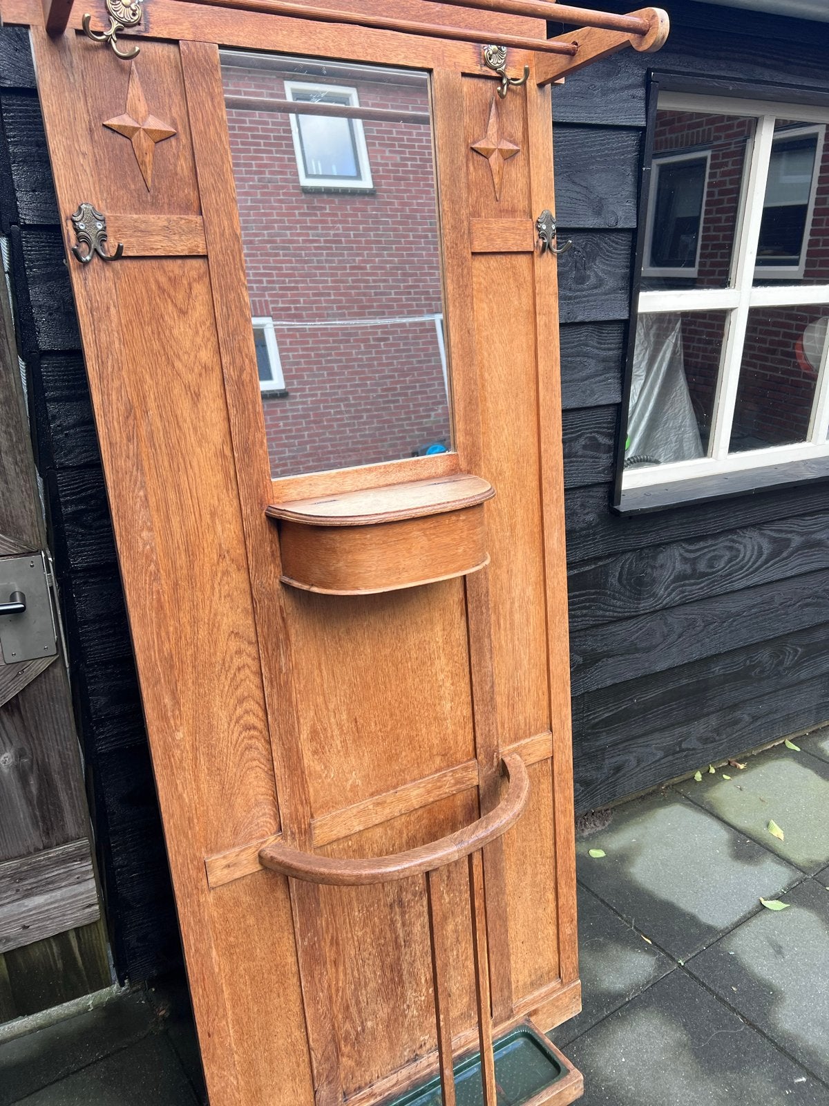 Antieke eikenhouten kapstok met spiegel en paraplubak, Antiek en Kunst, Ophalen