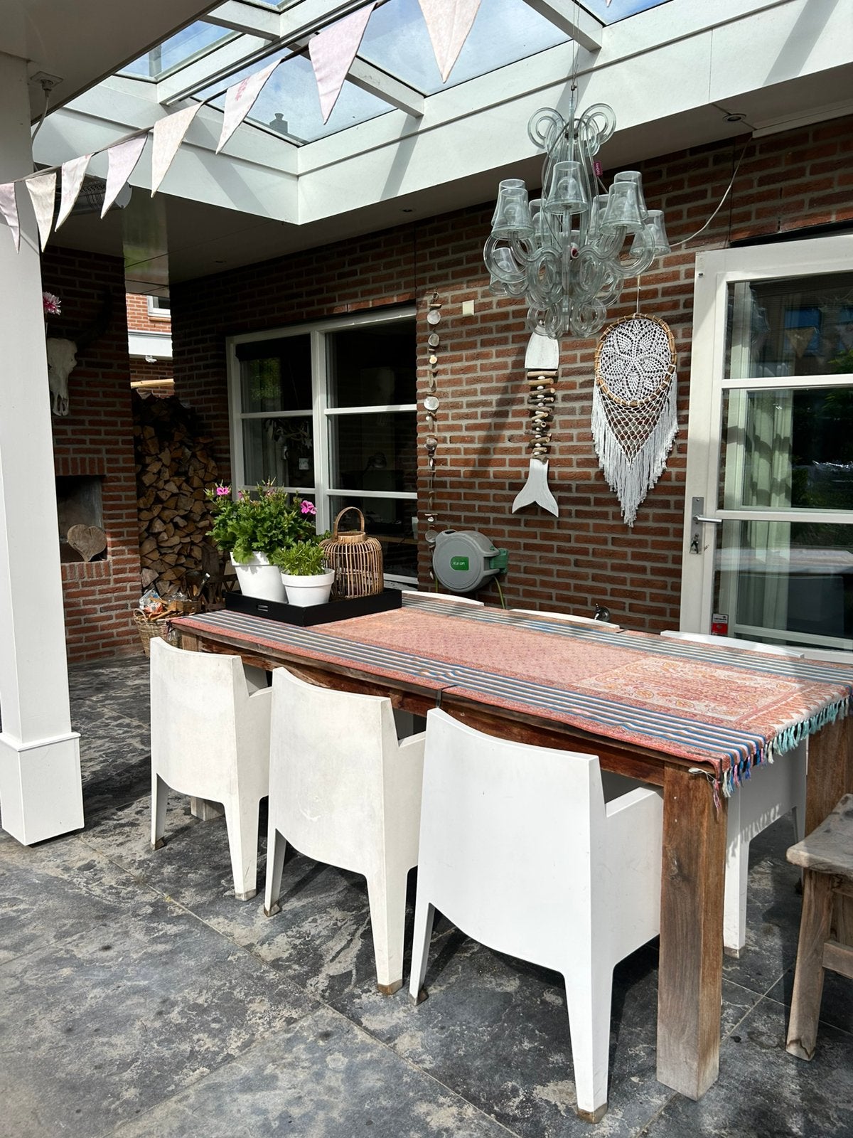 6 witte kunststof buiten eettafel stoelen, Ophalen, Gebruikt, Kunststof, Eettafel
