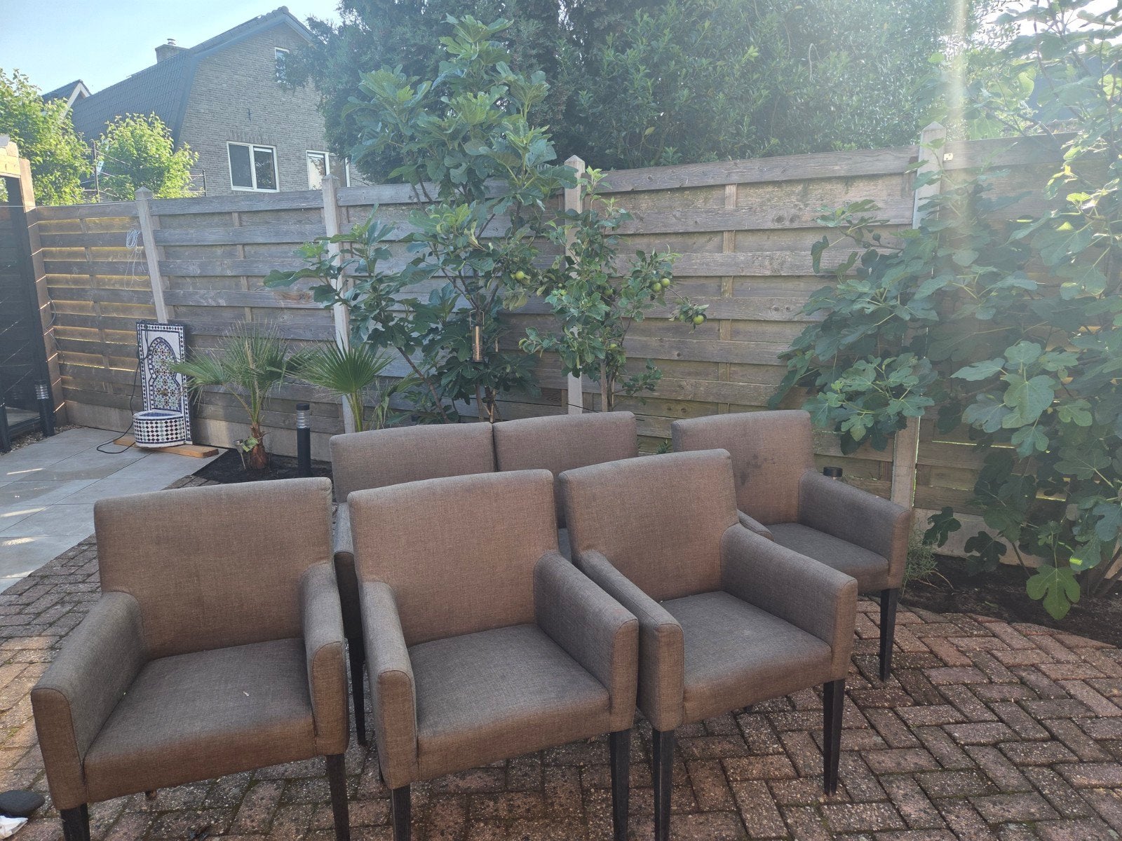 Set van 6 comfortabele eetkamerstoelen, stof grijs, Gebruikt, Modern met armleuningen, Ophalen of Verzenden, Vijf, Zes of meer stoelen