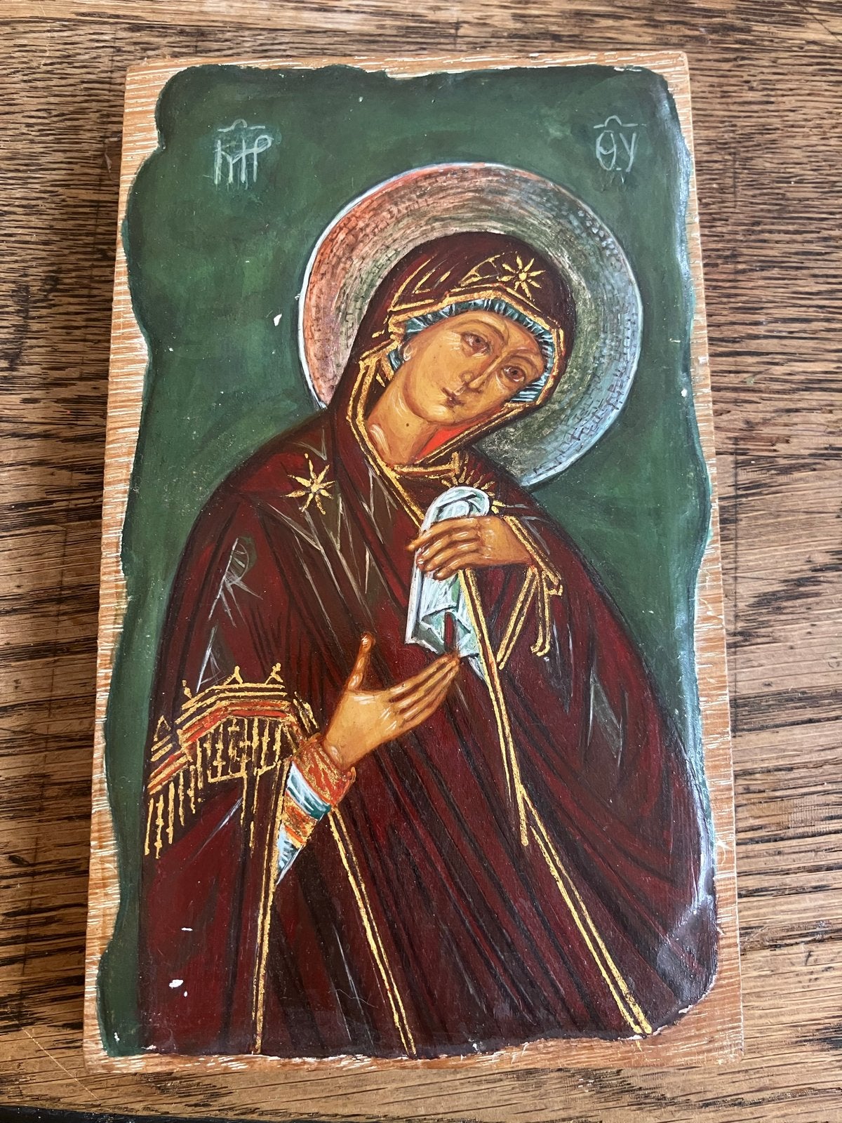 Antieke houten icoon van de Maagd Maria, Ophalen of Verzenden