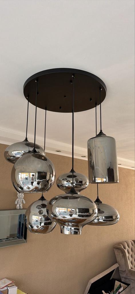 Moderne Eettafel Hanglamp met 7 Glazen Bollen, Ophalen, Zo goed als nieuw, Glas, 75 cm of meer