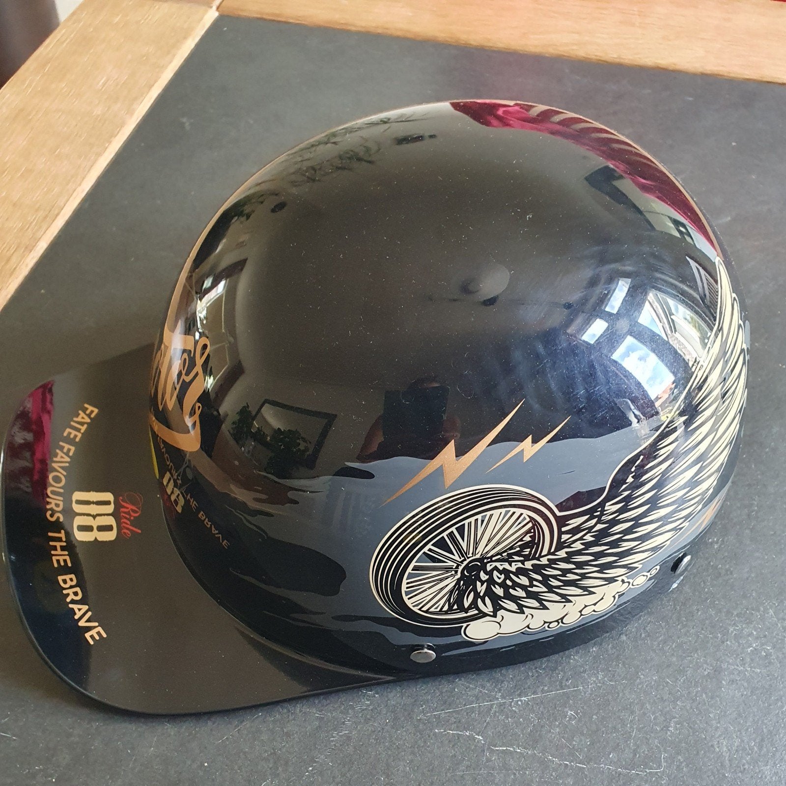 Zwarte Jethelm met Vleugeldesign - Maat L., Motoren, Overige merken, M, Heren, Jethelm