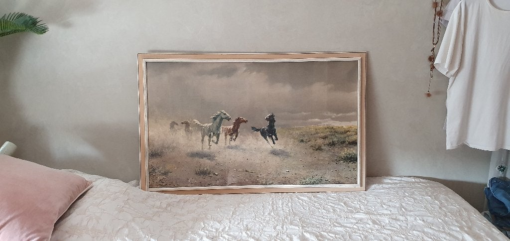 Paarden poster in vintage lijst, Ophalen, Gebruikt, Met lijst, Rechthoekig Liggend