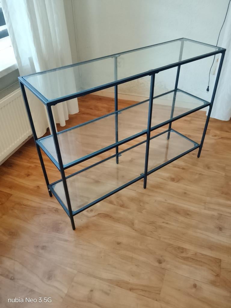 Bijzettafel / Console tafel met glazen planken (100x30x75), Gebruikt, Modern, Industrieel, Ophalen of Verzenden, Glas