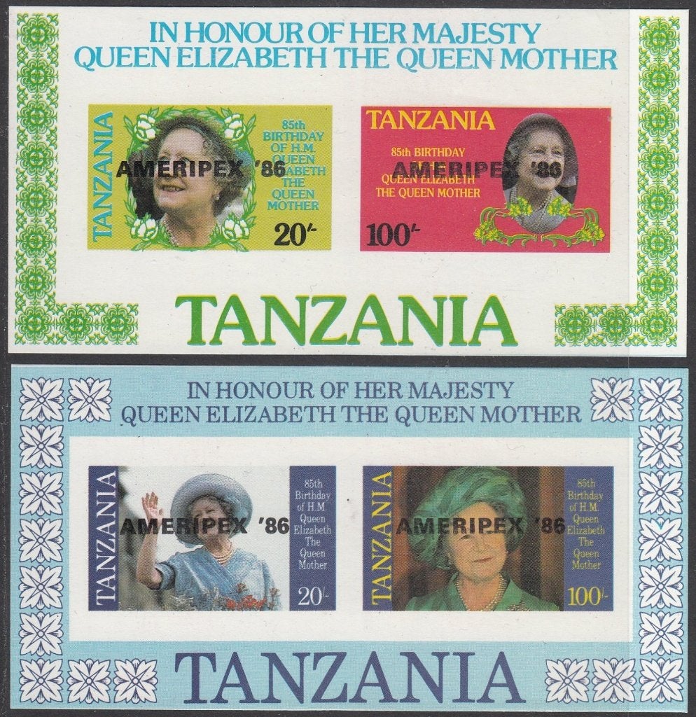 Tanzania blokken Queen Mother Elizabeth met opdruk Ameripex, Ophalen of Verzenden, Postfris, Koningshuis
