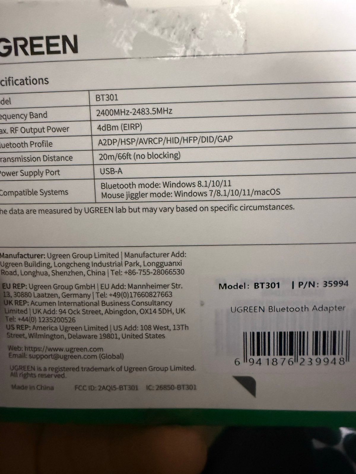 Nieuwe UGREEN USB Bluetooth Adapter BT301 - Ongebruikt, Computers en Software, USB Sticks, Ophalen of Verzenden, Nieuw