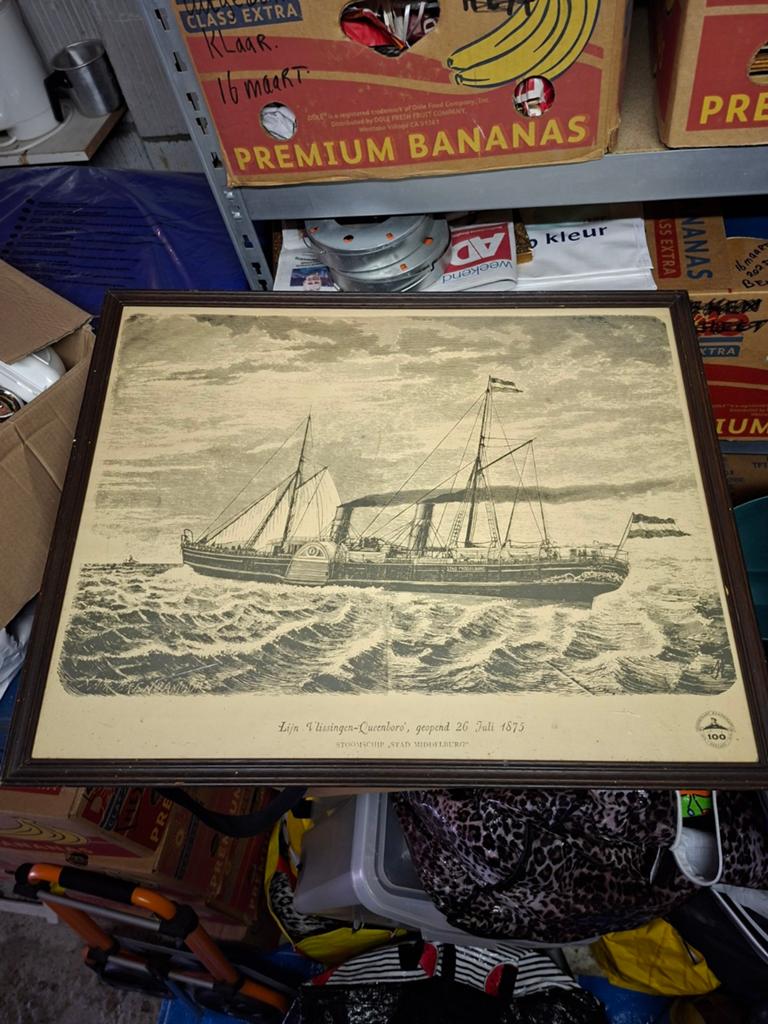 Stoomboot Stad Middelburg - Lijn Vlissingen-Queenboro, Antiek en Kunst, Ophalen, Ingelijst, 1800 - 1899, Overige technieken