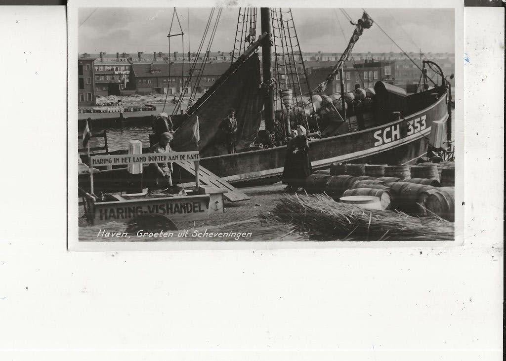 Scheveningen Sch 353 met Schotse blazen en haringkar 1950, Ophalen of Verzenden, 1940 tot 1960, Gelopen, Zuid-Holland