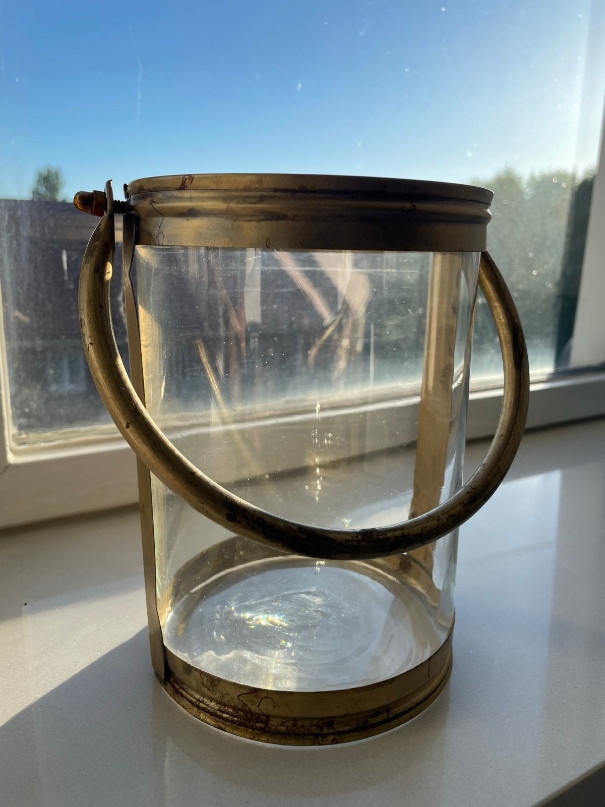 Vintage Glazen Windlicht met Messing Frame en Handvat, Ophalen of Verzenden