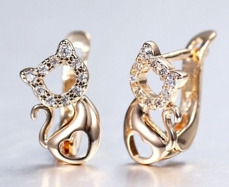 Mooie 18K goud verguld katten oorbellen met zirkonen, Overige materialen, Nieuw, Ophalen of Verzenden, Met edelsteen