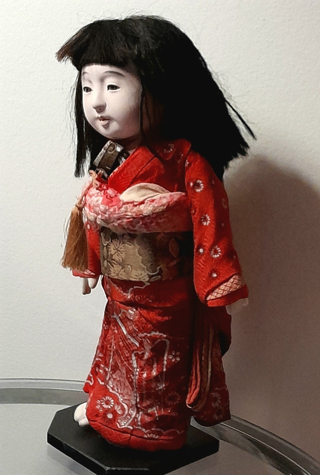 Oud popje Japans Gofun 32 cm met stander, Ophalen of Verzenden