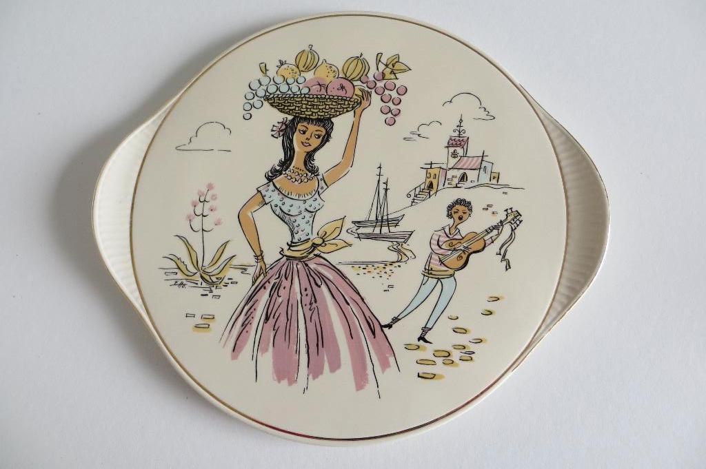 Vintage aardewerken vlaai schotel, gebaksschotel. met greep, Antiek en Kunst, Ophalen of Verzenden
