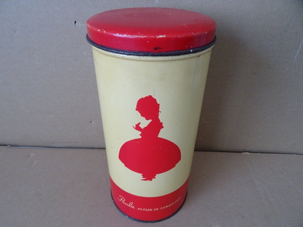 Vintage beschuitbus beschuitblik Paula jaren 50reclamedesign, Verzamelen, Ophalen of Verzenden, Gebruikt, Beschuit, Overige merken