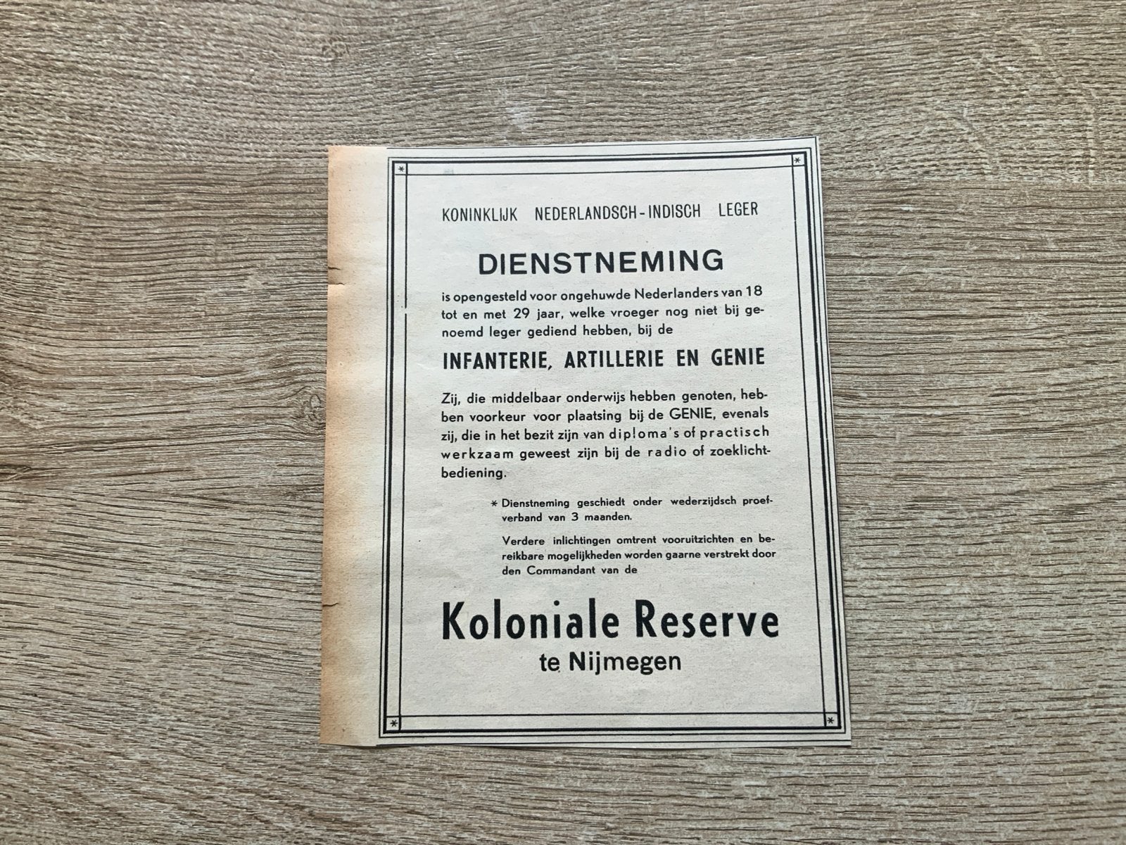 Oude Wervingsadvertentie Koloniale Reserve Nijmegen 1937, Verzamelen, Militaria | Algemeen, Landmacht, Foto of Poster, Nederland