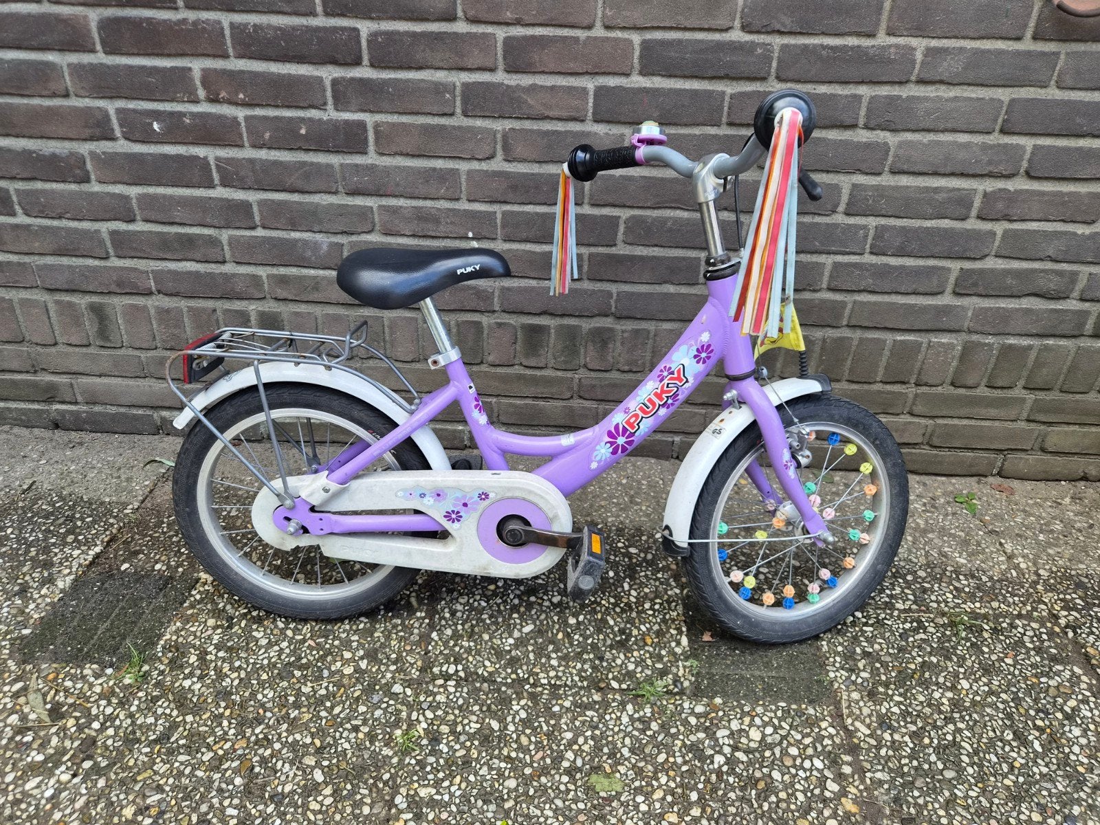 Puky kinderfiets paars met bloemen 16inchl, Ophalen, Terugtraprem, Puky, 16 tot 20 inch