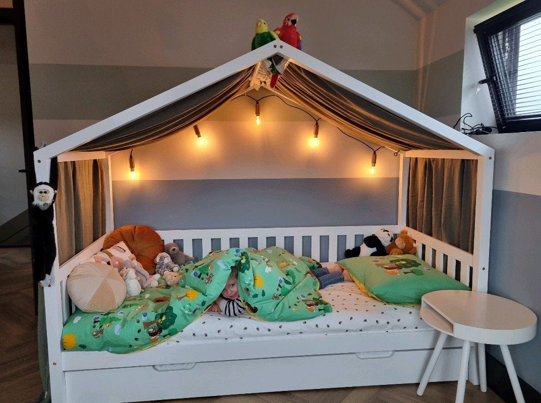 Vipack Dallas Huisbed met uitschuifbaar logeerbed, Ophalen, 85 tot 100 cm, Gebruikt, Lattenbodem
