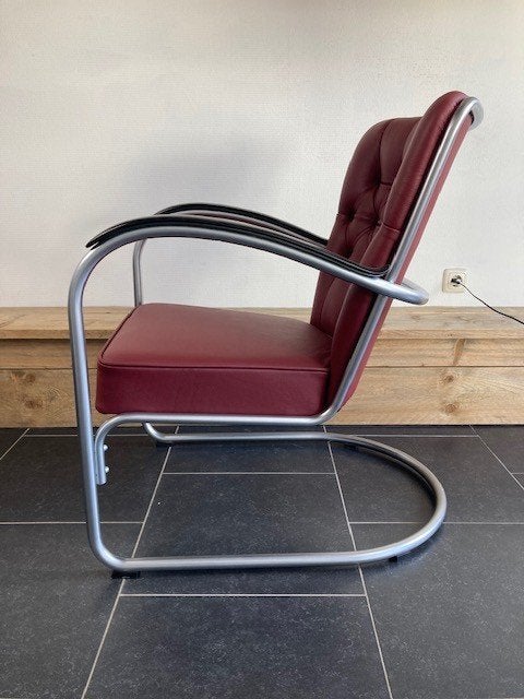 Gispen 412 GE fauteuil, zijdemat, bordeaux kleurig leder, Design, 75 tot 100 cm, Zo goed als nieuw, Leer