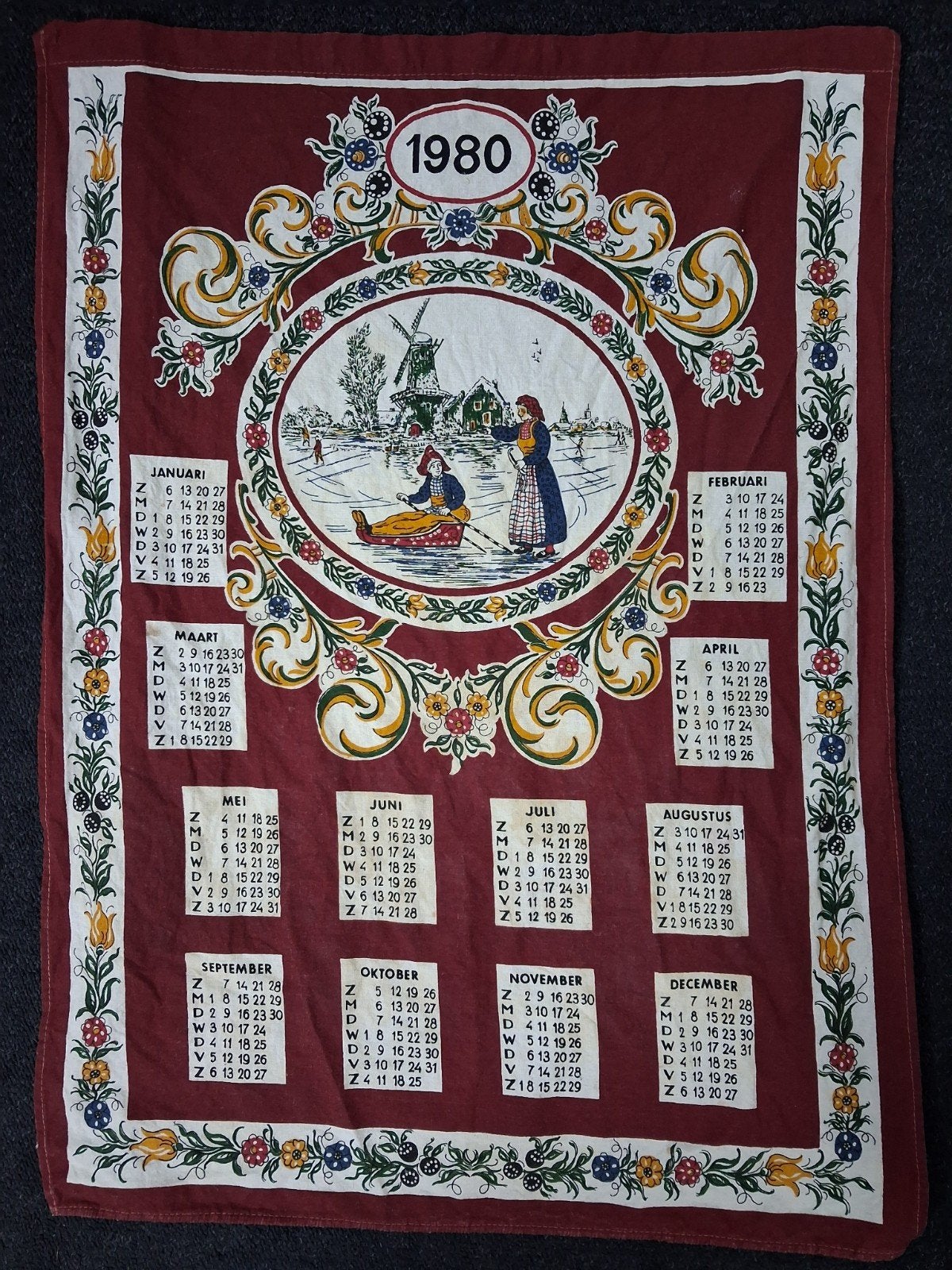 Vintage Kalender Theedoek 1980 - Hollands Tafereel, Ophalen of Verzenden, Huis en Inrichting