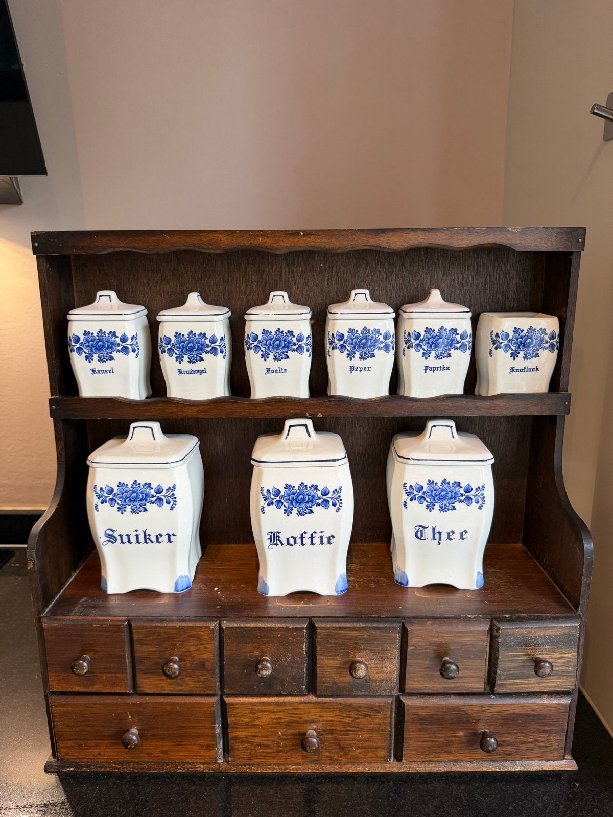 Oude Delfts Blauwe thee/koffie/suiker/kruidenrek met Potten, Ophalen of Verzenden