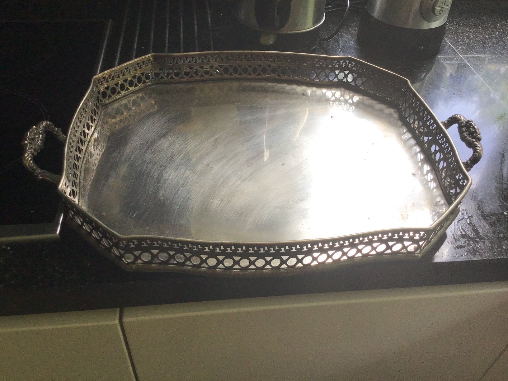 Groot metalen dienblad, Huis en Inrichting, Gebruikt, Met handvatten, Vierkant, Ophalen of Verzenden