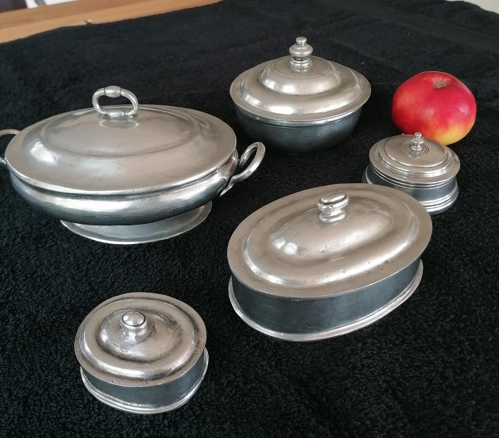 Antieke tinnen potten en schalen set, Ophalen of Verzenden