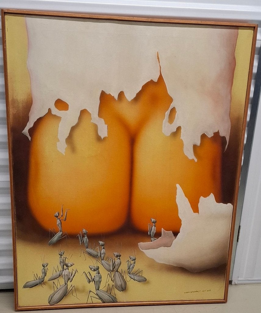 Billen met bidsprinkhanen, olieverf, Eddie Schoonheijt, Overige technieken, Gesigneerd, 82 cm, Flora en Fauna