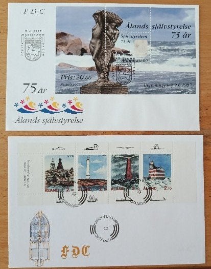 FDC Åland 1992 en 1997 - Zelfbestuur en Vuurtorens, Ophalen of Verzenden, Overige landen, Gestempeld