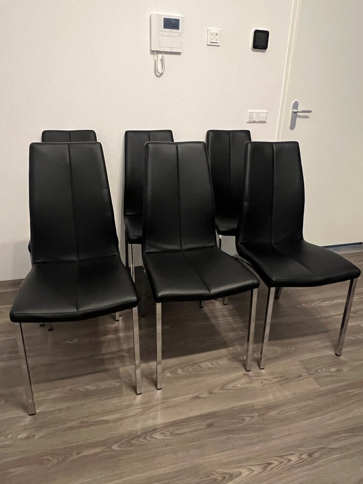 Set van 6 zwarte eetkamerstoelen met metalen poten, Huis en Inrichting, Stoelen, Ophalen, Gebruikt, Zwart, Metaal
