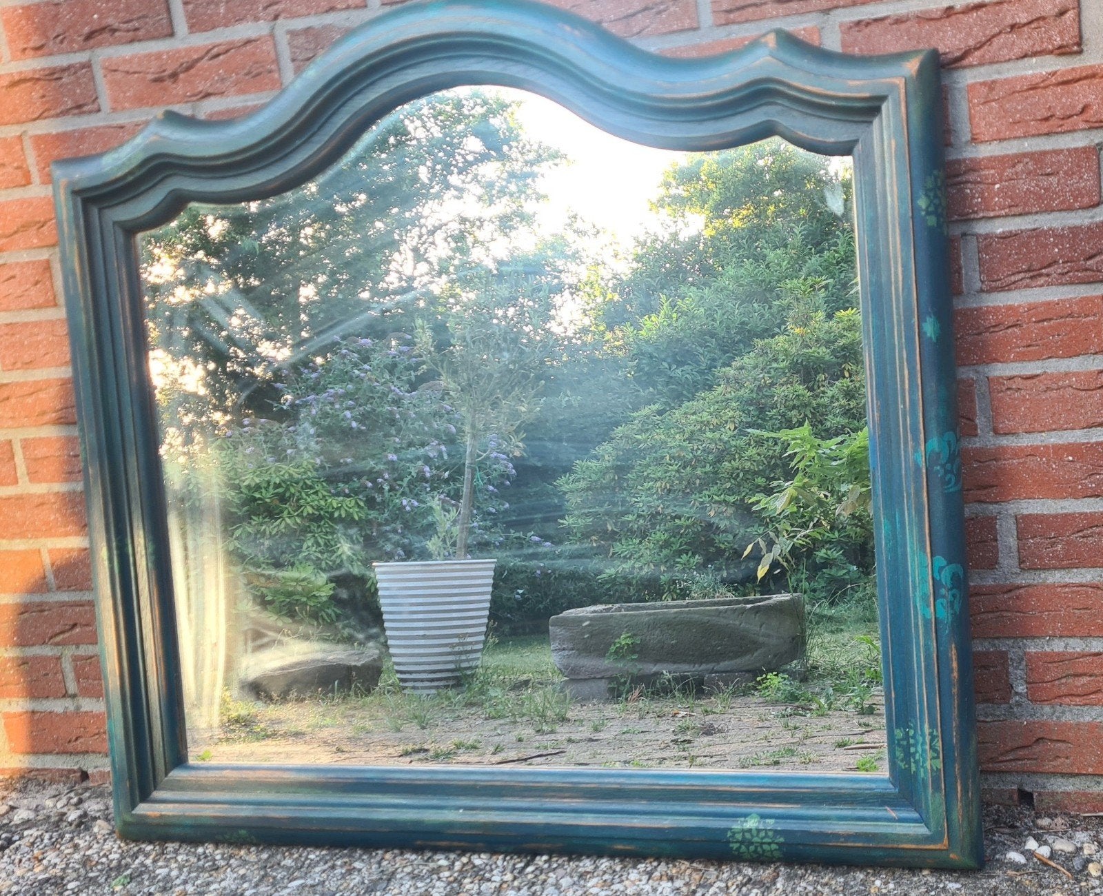 Grote houten spiegel boho shabby chic ibiza blauw, Ophalen, Zo goed als nieuw, 75 tot 100 cm, Minder dan 100 cm