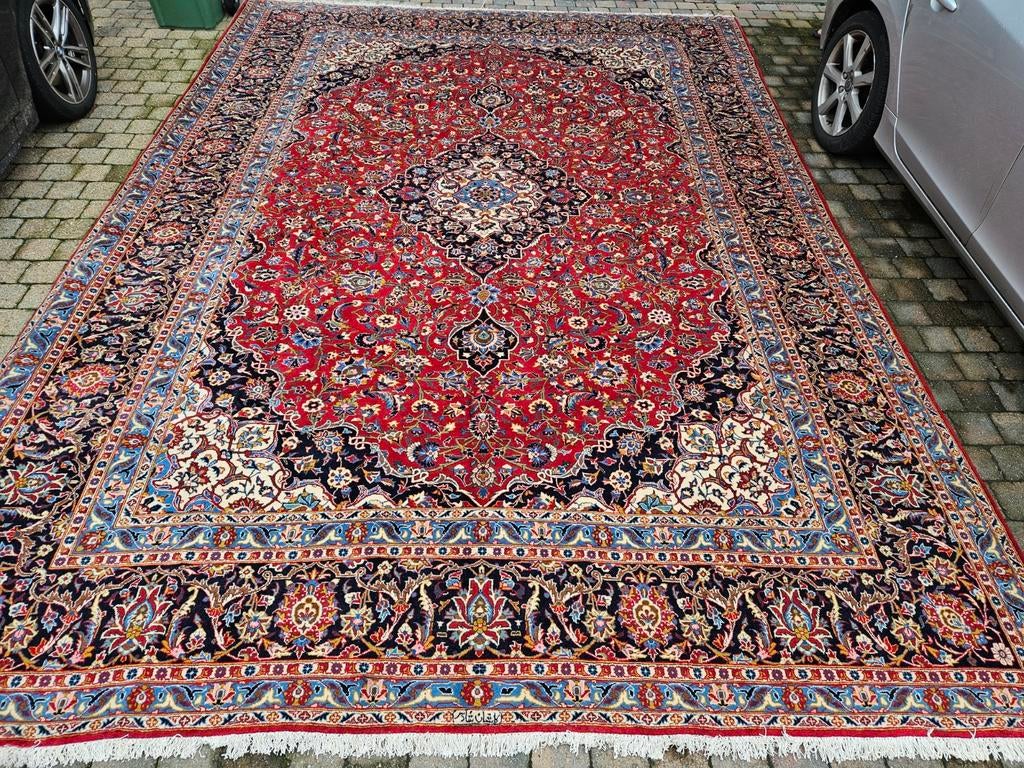 Handgeknoopt perzisch tapijt kashan 450x323, Crème, Perzisch, Vof Slats Antiek, 200 cm of meer