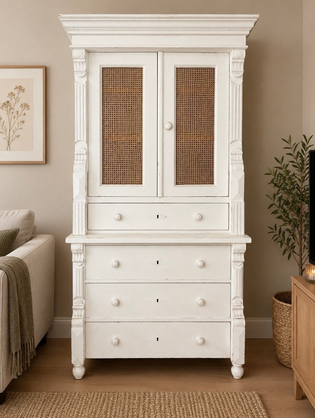 Vintage Houten Kast met Rotan Details - Crème Wit, Ophalen