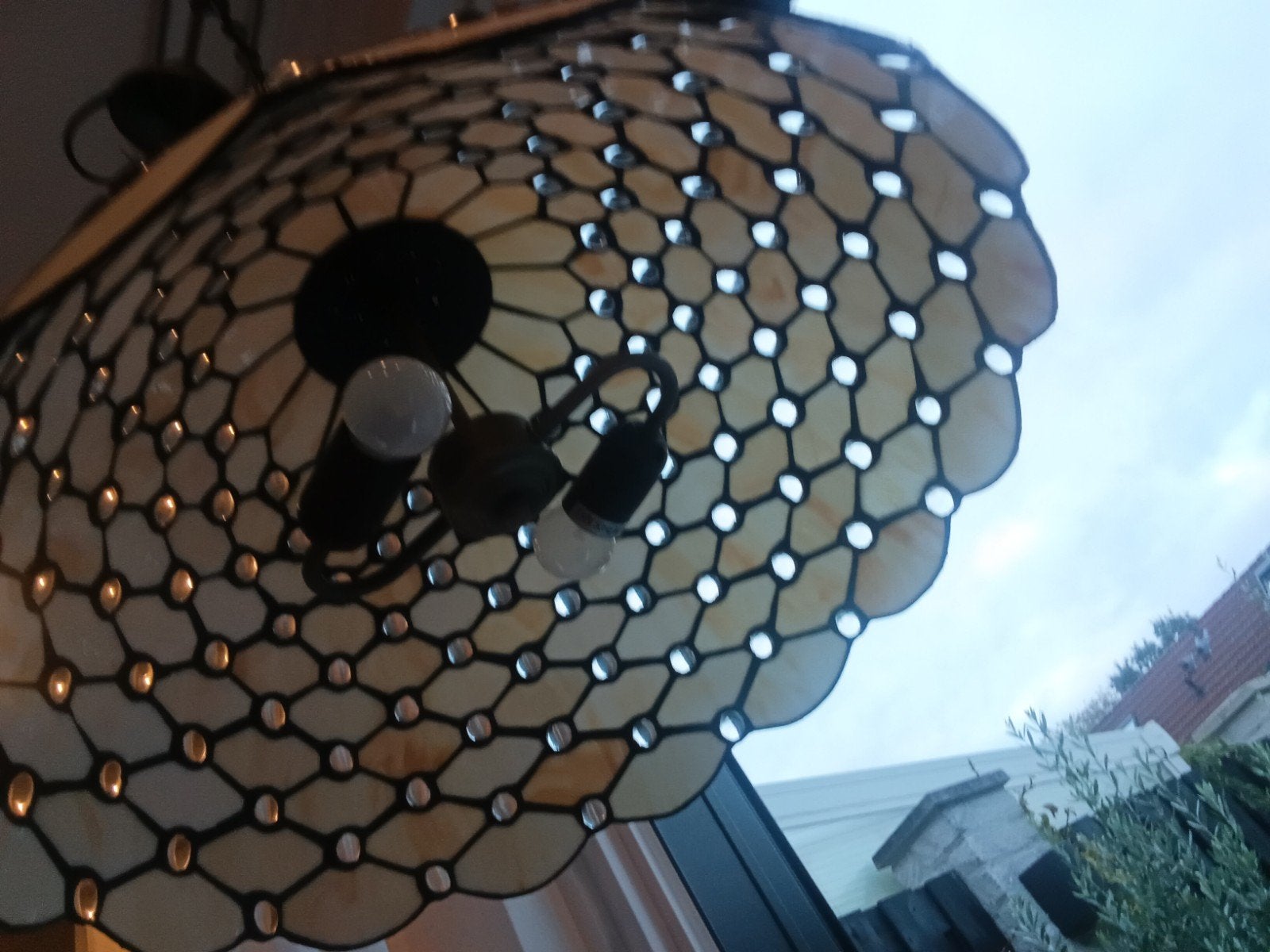 Tiffany Stijl Hanglamp met Kristallen, E14 (klein), Ophalen of Verzenden, Zo goed als nieuw, Tiffany
