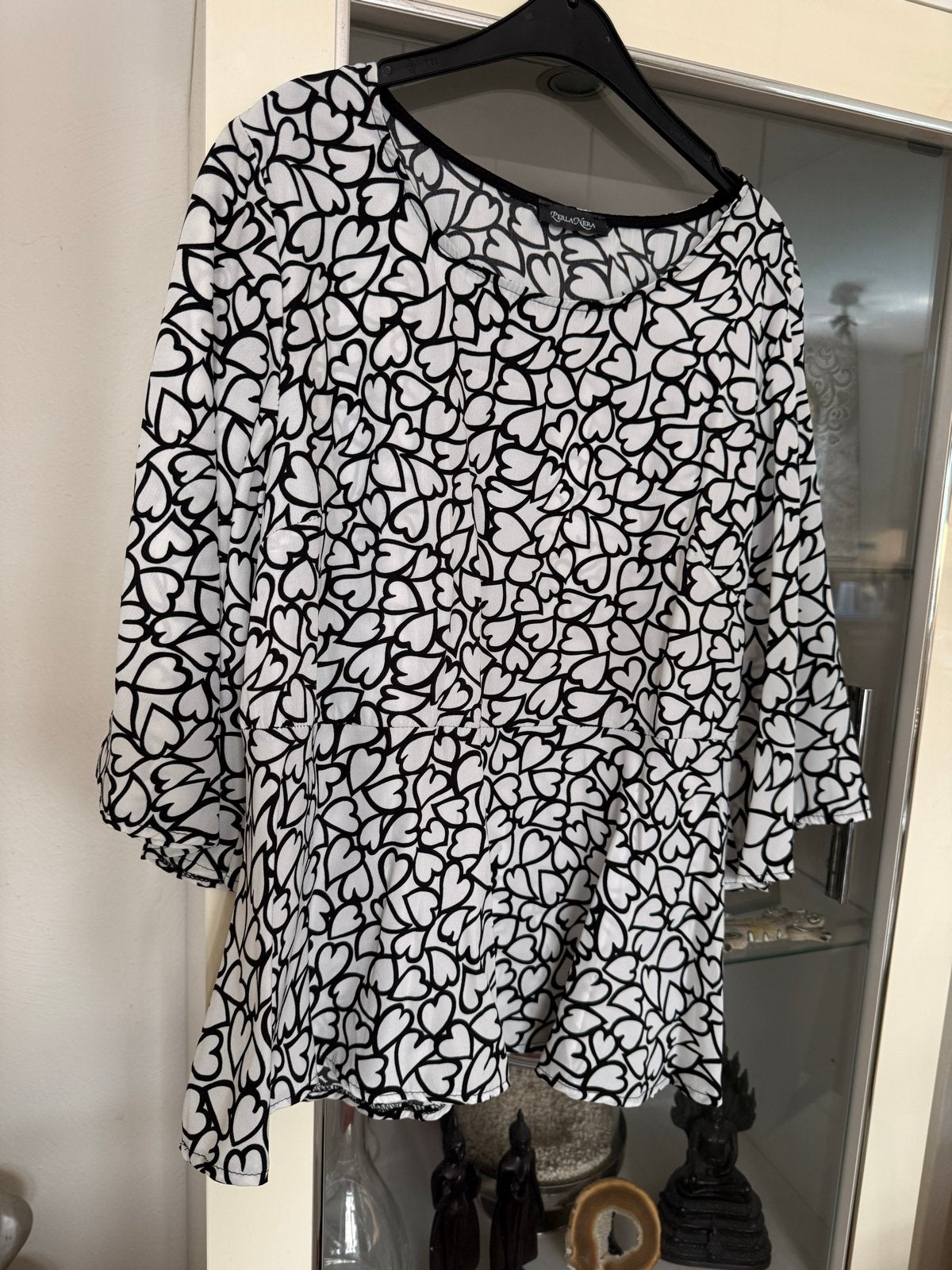 Perla Nera Blouse met Hartjesprint - Zwart/Wit maat 38, Kleding | Dames, T-shirts, Zo goed als nieuw, Maat 38/40 (M), Zwart, Korte mouw