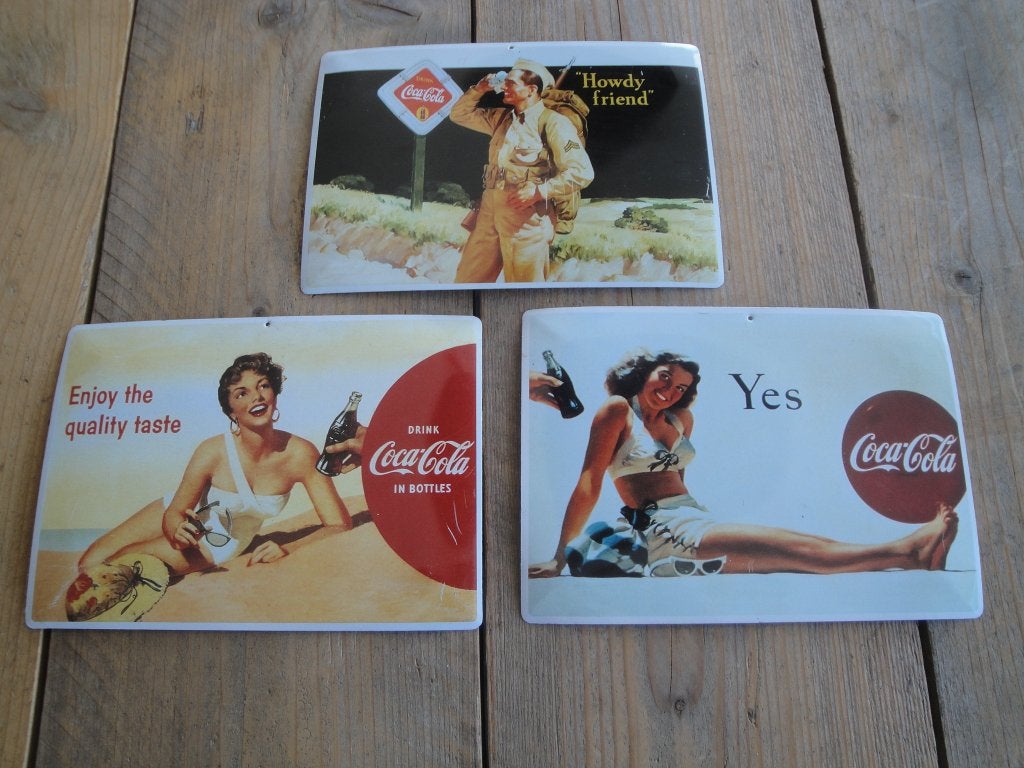 3 LEUKE VINTAGE METALEN "COCA COLA" RECLAMEBORDJES, Ophalen of Verzenden, Gebruikt, Reclamebord