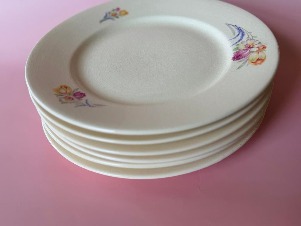 6 Vintage Koninklijke Mosa Borden - Tulpendecor 1940-1950, Ophalen of Verzenden