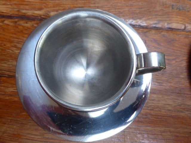 6 r.v.s. espressokopjes +schoteltjes en melkkannetje, Ophalen of Verzenden